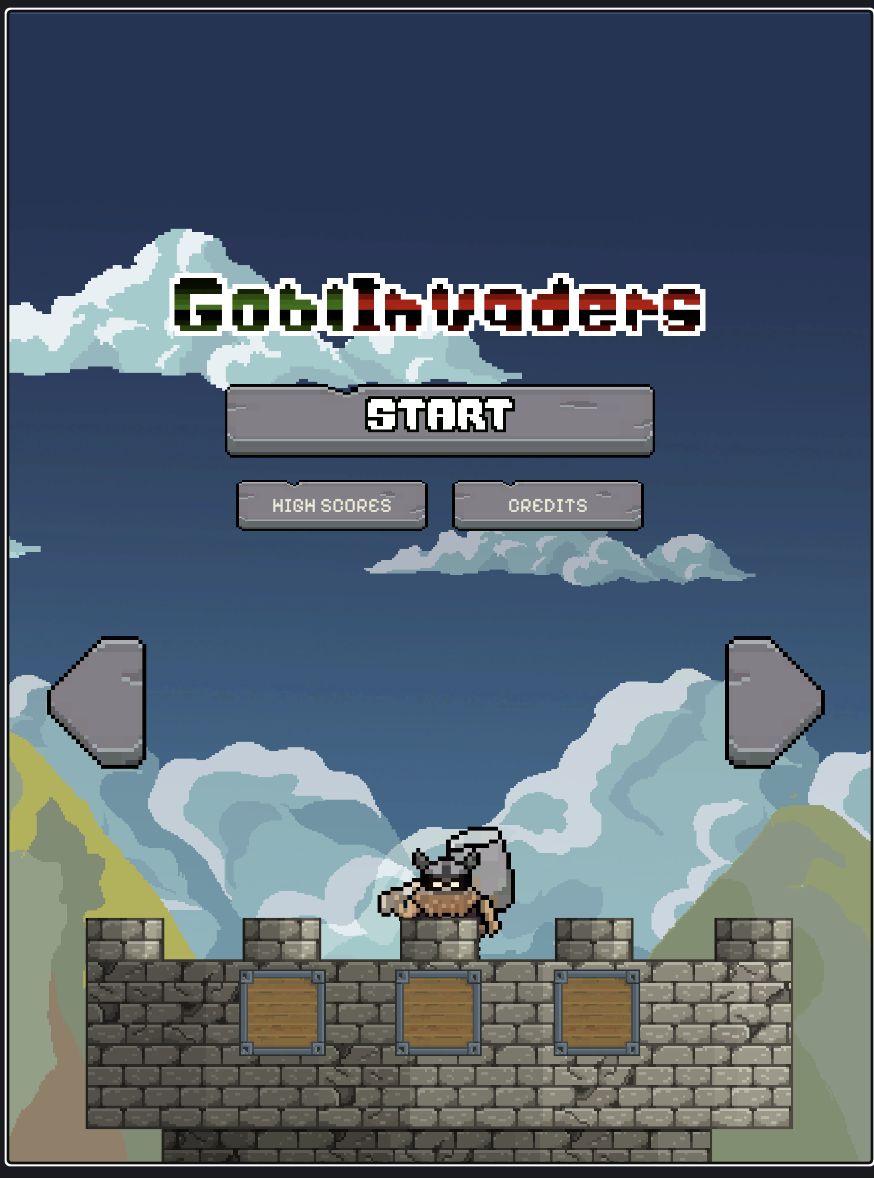 Goblin Invaders title screen with pixel-art clouds, castle, and goblin